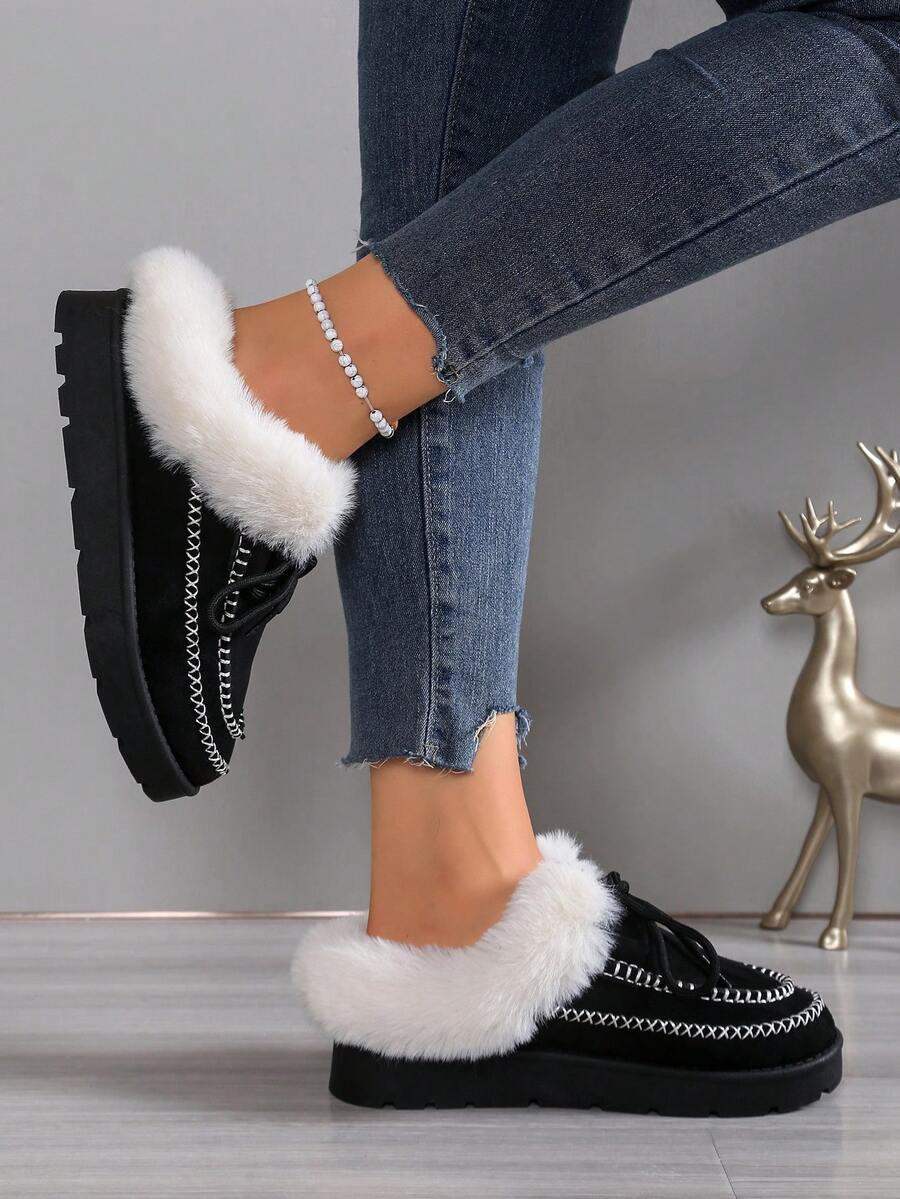 2025 新款系带雪地靴，厚实保暖内衬，适合室内/室外穿着，女士时尚舒适包头/绗缝一脚蹬拖鞋，厚底