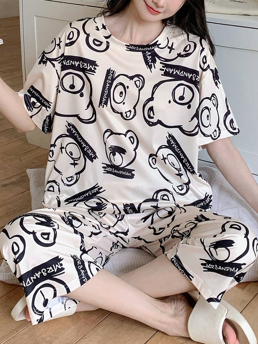 AICJ 2 件女士和女孩休闲可爱卡通小猫和字母印花粉色上衣、3/4 短裤/长裤、居家派对度假睡衣套装，适合春夏季 - 米色 - 查看 1