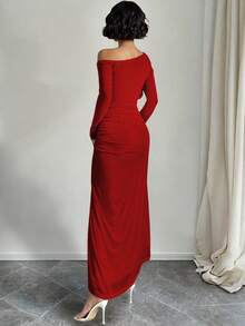 Ween Lady Sexy Slit Off Shoulder Dress - Red - View 3