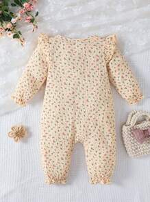 MommBaby Pelele para bebé recién nacido niña con estampado floral, cuello con volantes y abotonadura delantera de manga larga, estilo pastoril lindo y casual para primavera y otoño
