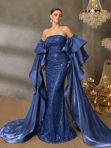 Faeriesty 奢华无肩带串珠晚礼服，飘逸披肩袖，闪耀动人，适合盛大晚宴、首映礼、婚礼等场合，尽显优雅气质。 - 藏蓝色 - 查看 8