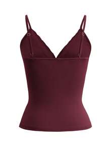 Y2K风格纯色深V领细肩带露背修身性感蕾丝吊带背心，街头风毕业季上衣，适合夏季海滩、约会、音乐节、演唱会和7月4日庆祝活动等休闲场合。 - 酒紅色 - 查看 4