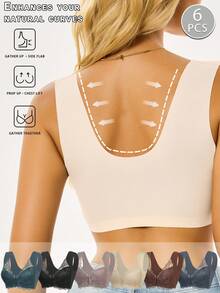 6pcs Elegant Floral Lace Women'S Push-Up Bras - Wireless Front Closure, Soft Breathable Wide Shoulder Straps, Full Coverage & Jacquard Pattern, 6 Colors For Daily Wear, Home & Dates, Stylish Bras For Women, Seamless Support, Comfortable Strapless Bras - 彩色 - 查看 8