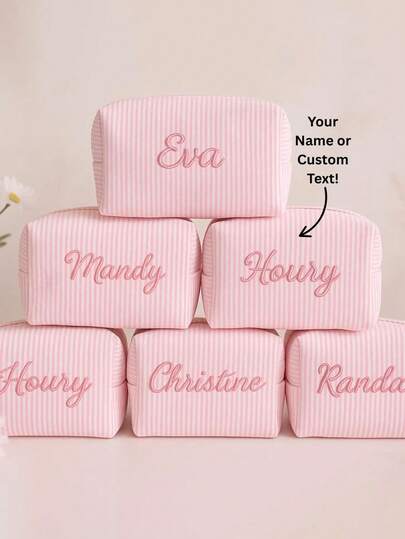 Customized Text Striped Travel Toiletry Bag - Personalized Zippered Cosmetic Organizer Pouch, Portable Polyester Storage Box, Suitable For Travel, School, Dorm Or Home - Perfect Gift For Mom And Wife, School Essential Storage Bag