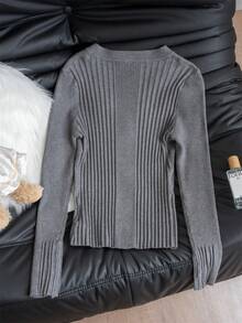 V领设计，细扣环，长袖，罗纹针织毛衣，女士开衫，适合秋冬季、返校季、圣诞节和新年等场合，优雅休闲的长袖上衣 - 灰色 - 查看 11