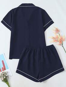 Bộ đồ ngủ 2 món gồm áo ngắn tay và quần short thường ngày cho nữ, màu trơn thoải mái khi mặc ở nhà & ngoài trời, mùa xuân/hè - Màu xanh hải quân - Xem 2