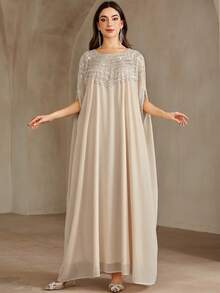 Đầm dài nữ cổ tròn, đính đá lấp lánh, màu trơn, thanh lịch, thích hợp cho mùa hè. - Màu be - Xem 4