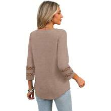 XIEERDUO 3/4 Length Sleeve Womens Tops Dressy Casual Blouses For Women 2025  V Neck T Shirts Summer Clothes - 卡其色 - 查看 5
