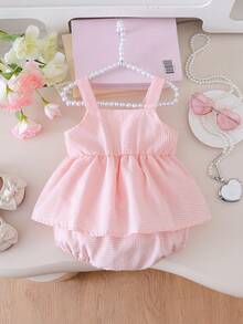 Romper Tanpa Lengan Motif Kotak-kotak Lucu untuk Bayi Perempuan dengan Dekorasi Pita 3D dan Desain Kancing, Warna Pink, Cocok untuk Hari Valentine, Ulang Tahun, Pakaian Sehari-hari, Musim Semi/Panas - MultiWarna - View 3