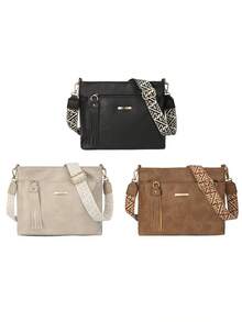 复古休闲斜挎包，大容量，女士休闲斜挎包，可拆卸可调节肩带，拉链封口，适合日常通勤、购物和旅行 - 咖啡棕色、黑色、深棕色，几何图案点缀，纹理表面 - 彩色 - 查看 1