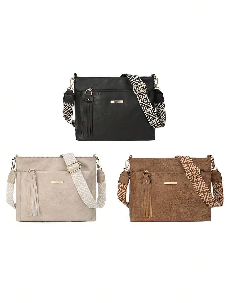 复古休闲斜挎包，大容量，女士休闲斜挎包，可拆卸可调节肩带，拉链封口，适合日常通勤、购物和旅行 - 咖啡棕色、黑色、深棕色，几何图案点缀，纹理表面 - 彩色 - 查看 1