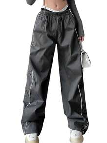 Womens Parachute Pants Wide Leg Baggy Pants Y2K Elastic Waist Jogger Sweatpants Track Pants Streetwear - 深灰色 - 查看 4