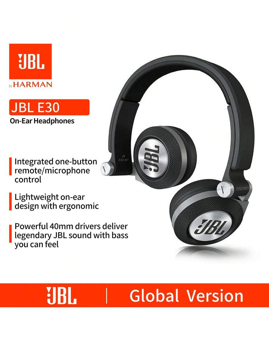 JBL E30 高品质有线贴耳式耳机，降噪可折叠便携，附赠旅行收纳袋，3.5mm 可拆卸耳机线，适合通勤、旅行、办公、学习等场合，兼容智能手机、平板电脑、笔记本电脑、台式电脑 - 无需充电（颜色可选：黑色/红色/白色/蓝色/紫色）