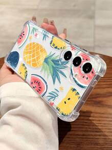 1 pieza Funda de teléfono suave, transparente, antideslizante y a prueba de caídas con elemento de fruta: piña, sandía, hoja y flor compatible con Samsung