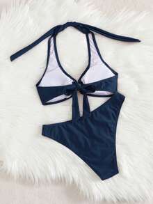 2026夏季新款优雅女士沙滩度假比基尼两件式泳衣，适合新年、情人节、音乐节等场合，休闲纯色弹力分体泳衣 - 寶石藍 - 查看 4