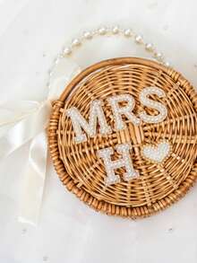 定制名字，珍珠装饰迷你沙滩草编包——完美新娘，理想的婚礼珍宝，新娘的礼物，单身女生的最爱！ - 彩色 - 查看 3