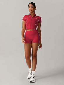 MASKERT "Bộ 2 món" Bộ đồ nữ, Bộ đồ thể thao, Áo khoác tay ngắn, Bộ đồ hai mảnh, Ôm sát, Chạy bộ, Tập thể dục, Bộ đồ tập thể dục, Bộ đồ yoga, Đi làm ở nhà, Giải trí, Thoải mái, Thân thiện với da - Đỏ - Xem 7