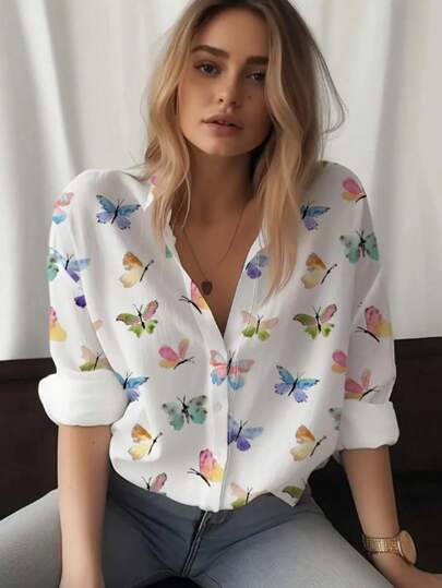 Camisa com botão na frente com estampa de borboleta,  Estilo Europeu e Americano Novo camisa casual de manga longa na primavera e no outono, camisa feminina confortável