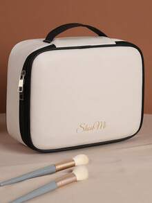 Large Capacity Spacious Double Layer Cosmetic Bag, PU Leather Waterproof Cosmetic Bag, Cosmetic Storage Bag, Lightweight Toiletries Cosmetic Bag, Large Capacity Toiletries Bag With Dividers, Cosmetic Travel Bag, Multifunctional Travel Storage Bag Make Up Bag