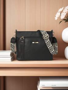 复古休闲斜挎包，大容量，女士休闲斜挎包，可拆卸可调节肩带，拉链封口，适合日常通勤、购物和旅行 - 咖啡棕色、黑色、深棕色，几何图案点缀，纹理表面 - 彩色 - 查看 10