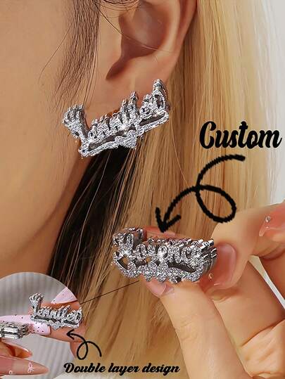 Customized Double-Layered Name Stud Earrings, Stainless Steel 3D Heart Shape Monogram Charm Earrings, Elegant & Sophisticated Jewelry Gift For Girlfriend, Suitable For Birthday, Holiday, Daily Wear, Mother's Day, Christmas