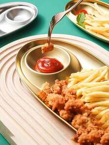 1pc Stainless Steel Sectional Snack Plate, Creative Sushi Dumpling Dish, Oval Small Appetizer Serving Tray, Suitable For Hotel & Restaurant - Gold - View 7