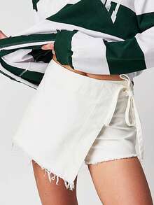 Jean Skirts For Women Denim Mini  High Waisted Stretchy Asymmetrical Faux Wrap Short Skirt Y2k Frayed Hem Tie-Up Side Jean Shorts Summer Streetwear - 白色 - 查看 2