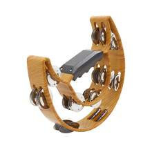 Double Row Jingles, Half Moon Musical Tambourine Double Row Handbell Tambourine Metal Jingles With Ergonomic Grip Percussion Instrument For KTV Party Church, Imitation Wood Color - 咖啡棕 - 查看 3