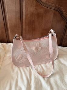 Women's Lace Crescent Moon Shoulder Bag With Butterfly Design, Armpit Bag - Baby Pink - View 9