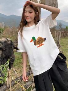 [New For Summer 2025] 100% Cotton Women's T-Shirt, Short Sleeves, Holiday Pattern, Casual, Crew Neck, Recommended For Matching Outfits, Tops - 白色 - 查看 1