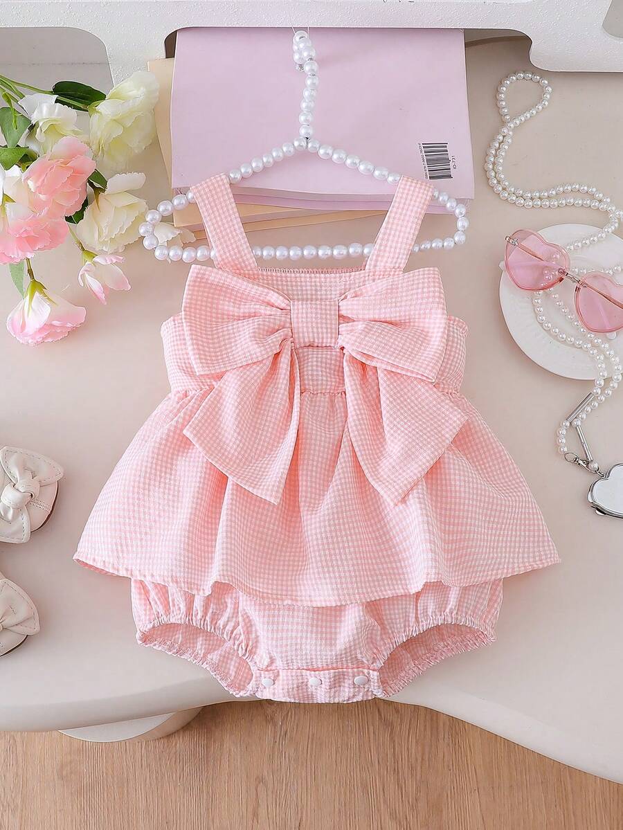 Romper Tanpa Lengan Motif Kotak-kotak Lucu untuk Bayi Perempuan dengan Dekorasi Pita 3D dan Desain Kancing, Warna Pink, Cocok untuk Hari Valentine, Ulang Tahun, Pakaian Sehari-hari, Musim Semi/Panas