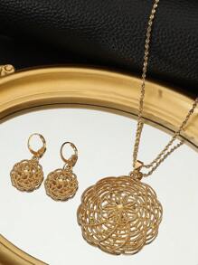 3pcs/Set Gold Hollow Flower Pendant Long Chain Necklace + Earrings Women Jewelry Set, Bridal Wedding Jewelry, Gift For Wife