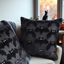 1pc 3D Plush Bat Throw Pillow Cover, Gothic Dark Halloween Witch Theme Decorative Cushion Case, 18" X 18", For Living Room Sofa Bedroom Halloween Decor, Pillow Insert Not Included - Black - View 8