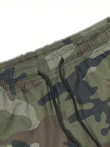 1pc Men'S Summer Camo Cargo Shorts With Multiple Pockets, Drawstring Waist, And Letter Patch - Casual Five-Point Outdoor Shorts For Hiking, Fishing, And Casual Attire, Hiking Apparel | Letter Patch Shorts | Non-Stretch Fabri - 迷彩卡其色 - 查看 2