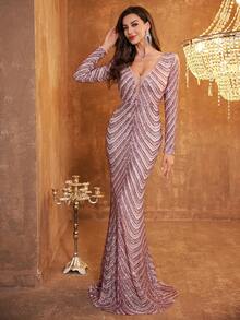 Long Sleeved V Neck Mermaid Hem Sequin Formal Dress - Pink - View 4