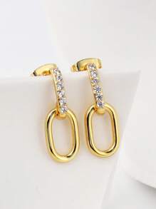 Charm-In 1 paire de boucles d'oreilles ovales à balancier plaqué or 18 carats avec zircone, cadeau de qualité pour femmes, Saint-Valentin