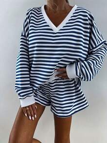 2 Pieces Set Fashion Stripe V-Neck Long Sleeve Loose Comfortable Top   Elastic Waistband Comfortable Shorts Casual Outing Home Clothes Set - Màu xanh lam - Xem 1