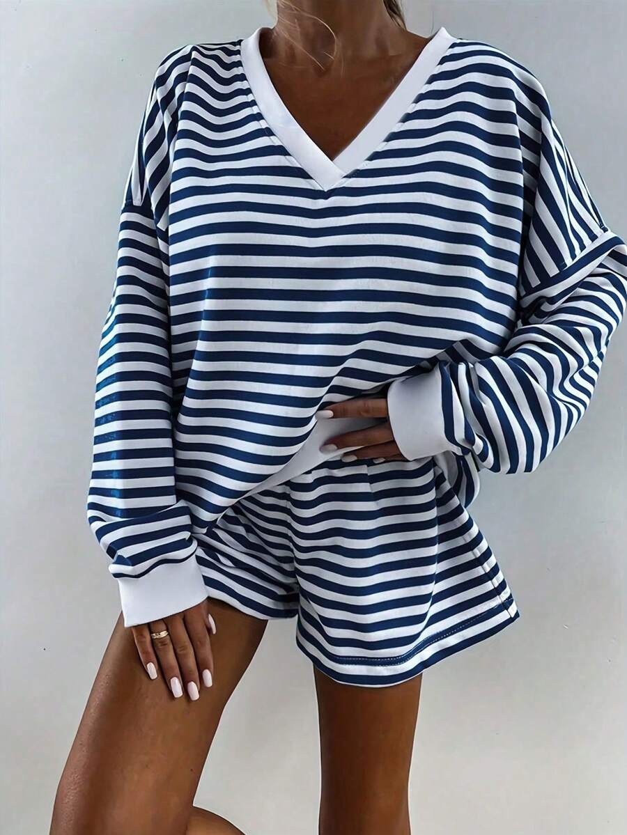 2 Pieces Set Fashion Stripe V-Neck Long Sleeve Loose Comfortable Top Elastic Waistband Comfortable Shorts Casual Outing Home Clothes Set - Màu xanh lam - Xem 1