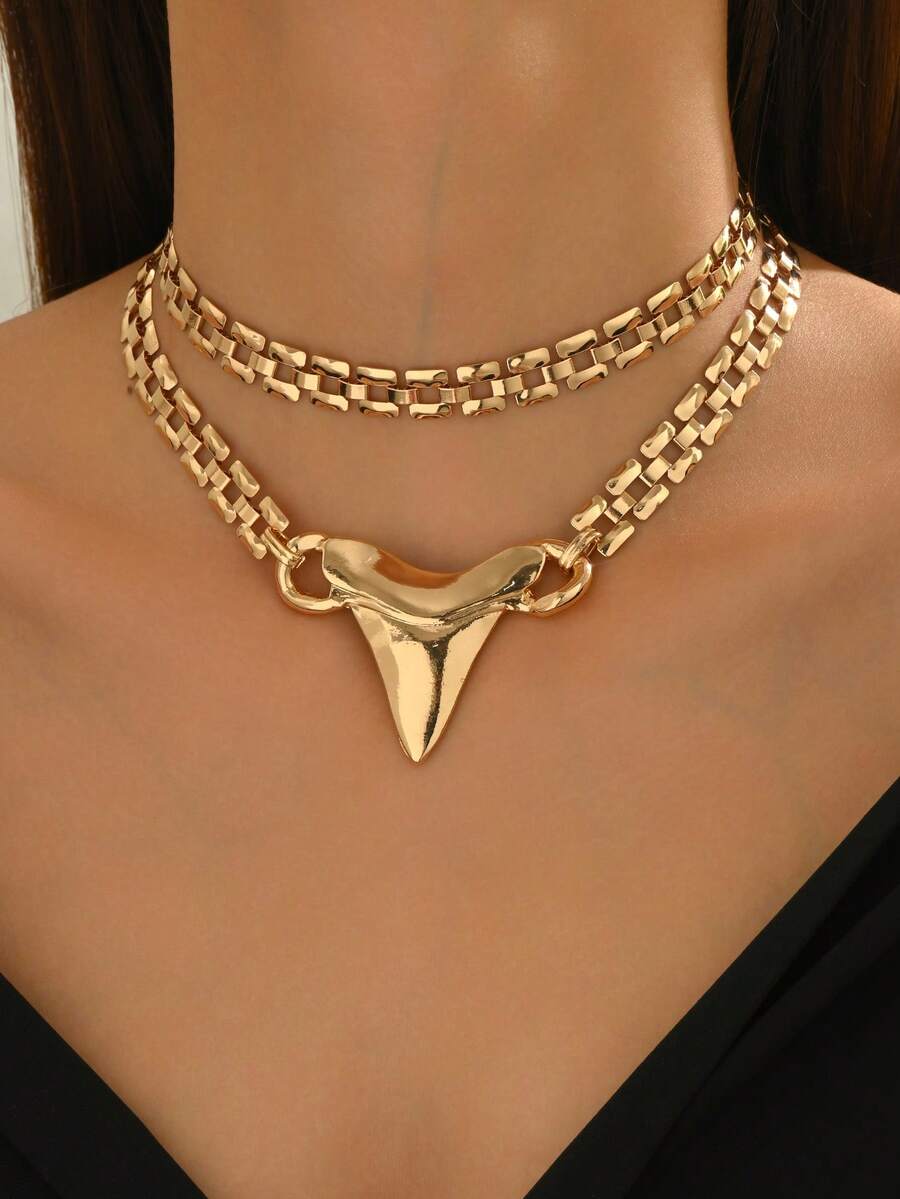 1pc Fashion Multilayers Chain Heart-Shape Pendant Necklace, & Versatile - Yellow Gold - View 1
