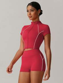 MASKERT "Bộ 2 món" Bộ đồ nữ, Bộ đồ thể thao, Áo khoác tay ngắn, Bộ đồ hai mảnh, Ôm sát, Chạy bộ, Tập thể dục, Bộ đồ tập thể dục, Bộ đồ yoga, Đi làm ở nhà, Giải trí, Thoải mái, Thân thiện với da - Đỏ - Xem 5