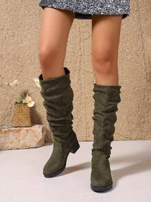 新款橄榄绿女士时尚靴子，粗跟厚底圆头褶皱中筒靴，适合春秋冬季，西式风格 - 軍綠色 - 查看 2