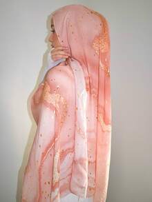 1pc Watercolor Printed Scarf, Bohemian Style Women Muslim Hijab, Fashionable Lightweight Bali Chiffon Shawl, Suitable For Everyday Wear And Abaya, All Seasons For Dress - Gold Pink - View 2