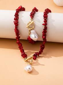 Women's Jewelry Set With Turquoise Fragments And Imitation Baroque Pearls, Includes 2pcs Simple Alloy Fashion Accessories, Necklace And Bracelet Set, Suitable For Everyday Wear - Red and White - View 3