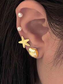 2 pares de aretes tipo pendiente con diseño de estrella de mar y concha, con perlas artificiales, diseño delicado y personalizado, casual y adecuado para verano y playa, para mujeres