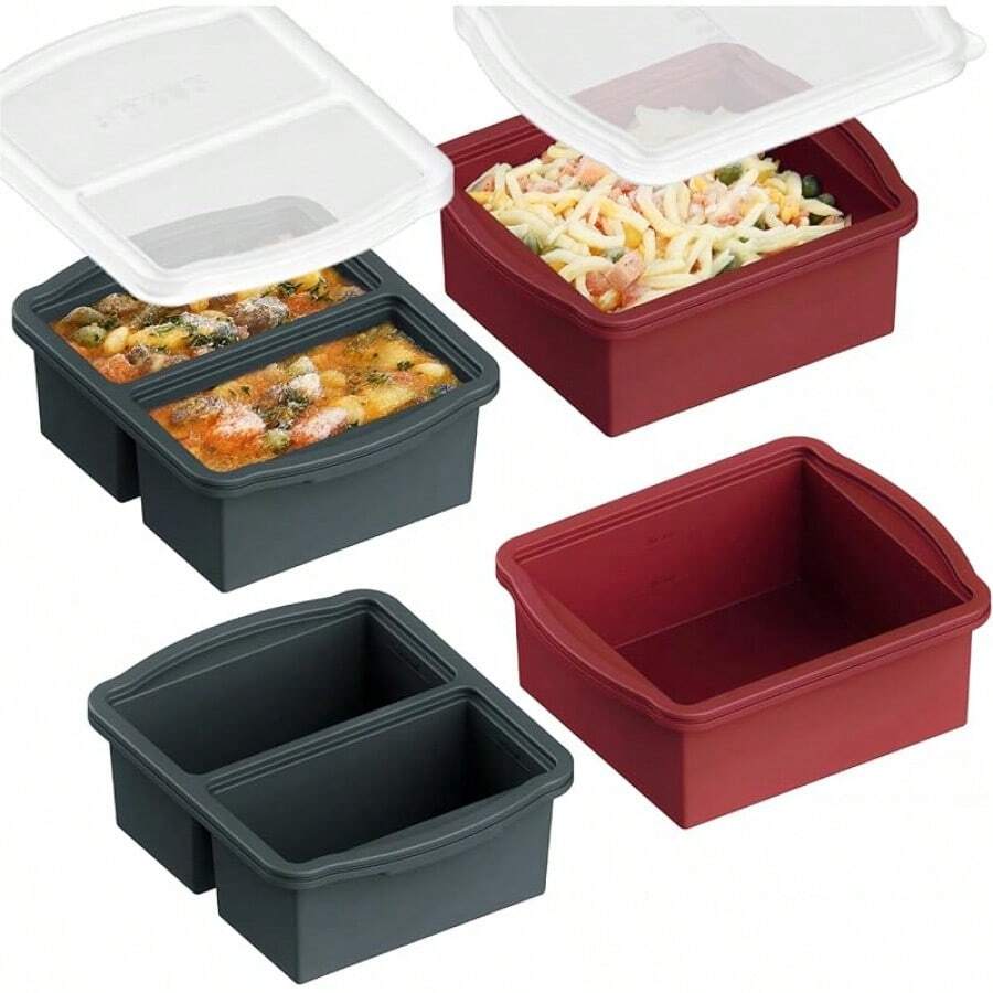 Silicone Freezer Trays With Lids, Set Of 4 - With 1cup And 2 Cup Silicone Freezer Molds For Freezing Soups, Sauces And Individual Microwave Safe - 4 gói màu xám và đỏ - Xem 1