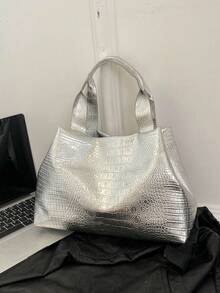 2025新款大容量手提包，亮面简约女士时尚百搭通勤托特包 - 銀色 - 查看 2