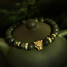 Gold Leopard Head Bracelet For Men Fashion Male Punk Blue Weathered Volcanic Lava Stone Bracelets Jewelry - Multicolor - View 7