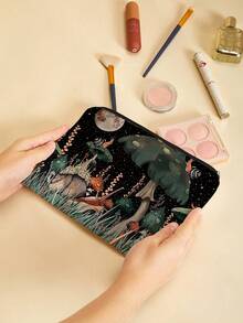 Whimsical Mushroom Printed Canvas Toiletries Bag- Fashionable Design, Zipper Closure, Foldable, Lightweight, Fade-Resistant- Perfect Gift For Bridesmaids, Teachers And Friends, Also Can Be Used As A Machine Washable Women's Makeup Bag. Back To School Book Bag, Travel Essentials, Beach Summer Vacation Travel Organizer Bag - Multicolor - View 2