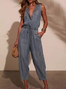 Women Denim Women Sleeveless V Neck Button Down Elastic Band Drawstring Wide Leg Jumpsuits Casual Harem Pants - 藍色 - 查看 2