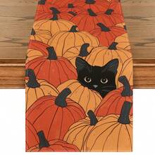1pc/1set Black Cat & Pumpkin Linen Table Runner, 12*18 Inches/13*72 Inches Seasonal Kitchen Dining Table Decoration Tablecloth, Home Decor, Suitable For Parties, Gatherings, Family Dinners, Autumn - Multicolor - View 11